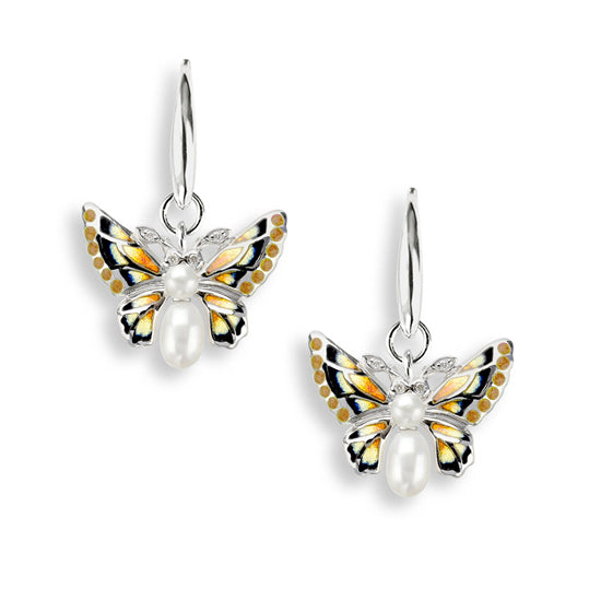 Sterling Silver Plique-a-Jour Black and Orange Enamel Butterfly Earrings. Set with Diamonds and Freshwater Pearls. By Nicole Barr Jew