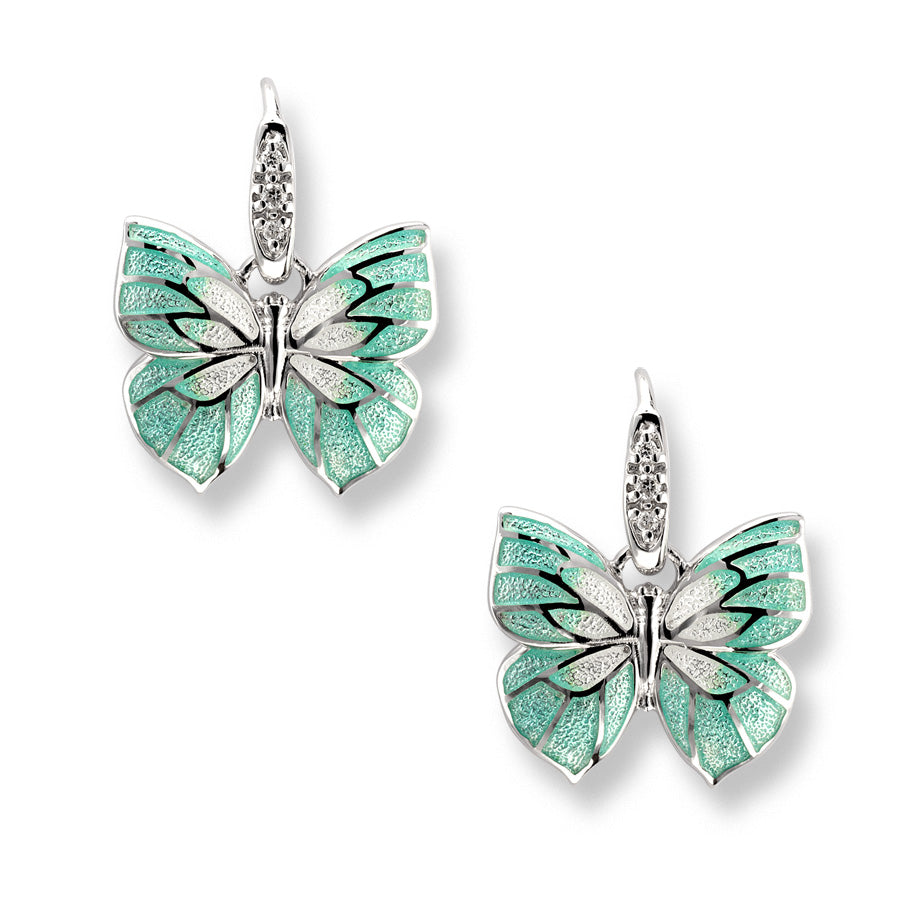 Vitreous Enamel on Sterling Silver Butterfly Wire Earrings - Seafoam. Set with .035Ct of Diamonds. Rhodium plated for easy care. By Nicole Barr.