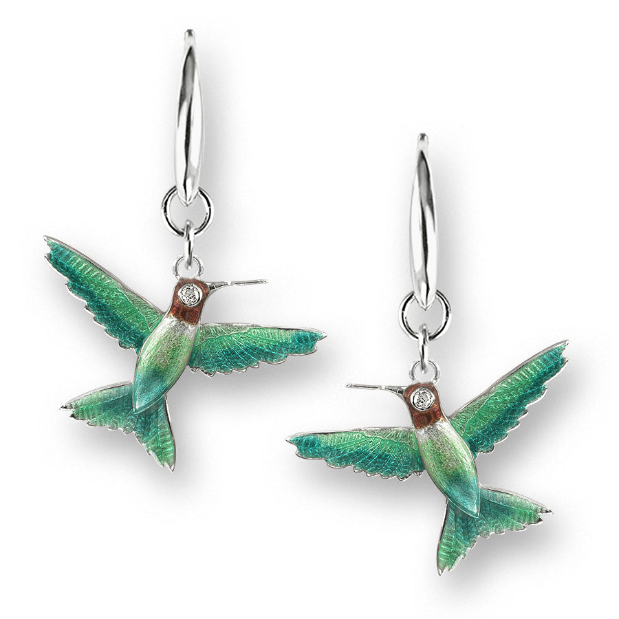 Vitreous Enamel on Sterling Silver Hummingbird Wire Earrings. Set with Diamonds. Rhodium Plated for easy care. By Nicole Barr Jewelry.     Dimensions: Hummingbirds 25mm Width