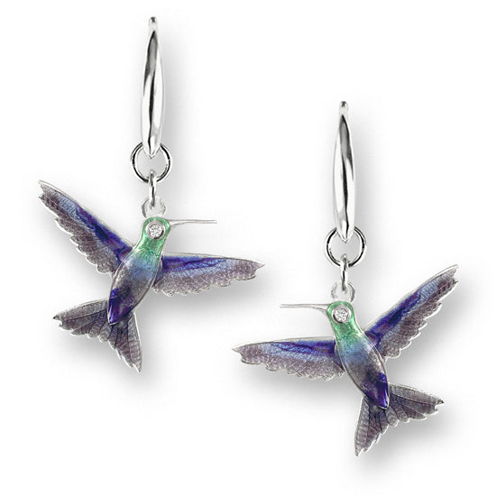 Vitreous Enamel on Sterling Silver Hummingbird Wire Earrings - Purple. Set with Diamonds. By Nicole Barr Jewelry.  Dimensions: 25 mm