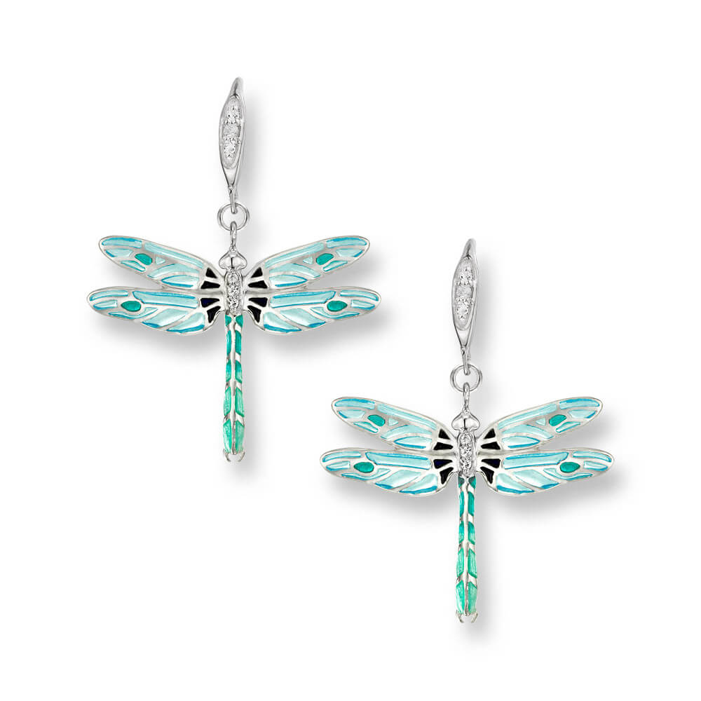 Vitreous Enamel on Sterling Silver Dragonfly Wire Earrings - Blue. Set with White Sapphires. Rhodium Plated for Easy Care.