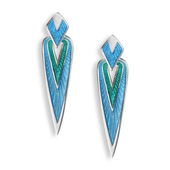 Blue and Green Vitreous Enamel on Sterling Silver Arrowhead Stud Earrings. By Nicole Barr.