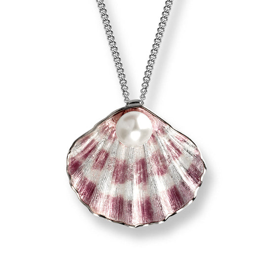 Sterling Scallop Shell Vitreous Enamel on Sterling Silver Shell Necklace - Purple. Set with Freshwater Pearl. By Nicole Barr Jewelry.  Dimensions: 28 mm WidthNecklace with Enamel and Pearl