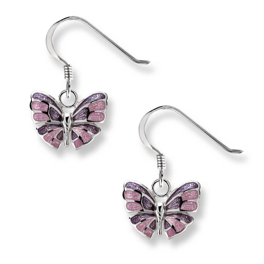 Sterling Silver Lavender Enameled Butterfly Wire Earrings by Nicole Barr. Rhodium Plated for easy care. 