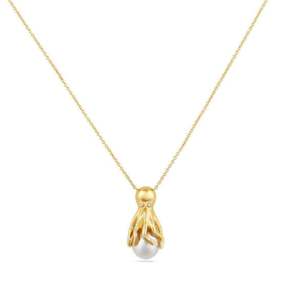 14KT Yellow Gold Octopus Necklace with .09TW Diamonds, 10mm Pearl and Pave Starfish on 18" Chain.