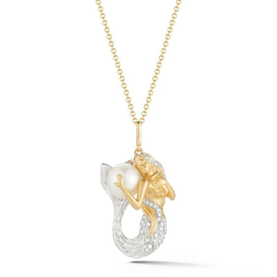 14KT Yellow and White Gold Mermaid Pendant with .15TW Diamonds and Pearl