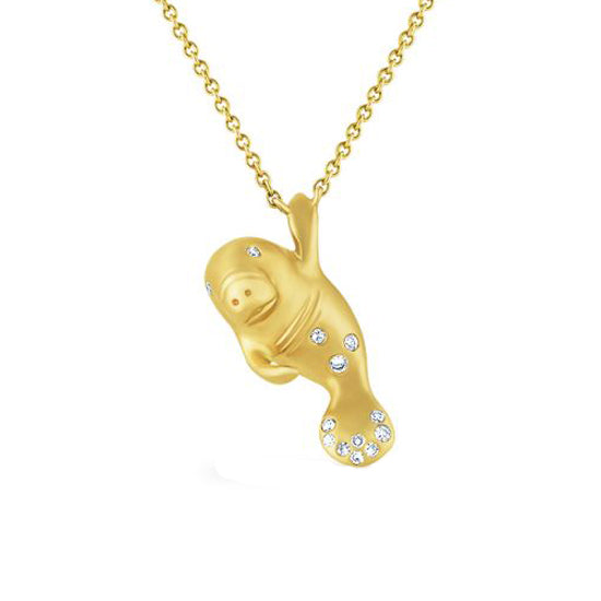 Fourteen Carat Yellow Go14KT Yellow Gold Small Manatee Necklace with .06TW of Diamond.  Dimensions: 18mm Drop, 18&quot; Cable Chainld Manatee Necklace with Diamonds