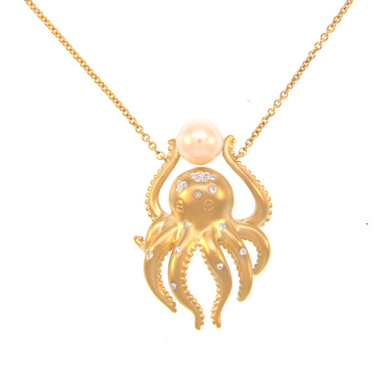 14Kt Yellow Gold Octopus Necklace with .06TW Diamonds and Holding a 6.25MM Pearl.
