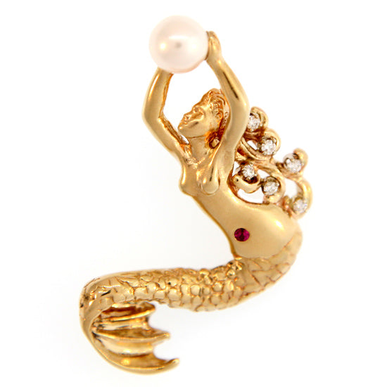 14Kt Yellow Gold Mermaid Pendant with Pearl, .12TW Diamonds and Ruby