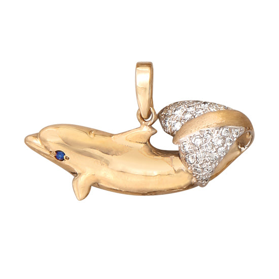 14Kt Yellow Gold Dolphin Pendant with Sapphire Eye and .42TW of Diamonds. An Original Cedar Chest Design.