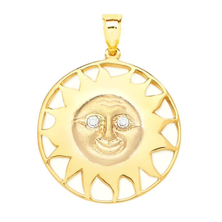14Kt Yellow Gold Sun Face Pendant with .06tw Diamonds. An Original Cedar Chest Design. - 1-1/8 inch Diameter