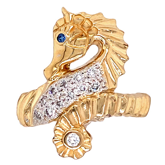 14Kt Yellow Gold Seahorse Ring with .14TW Diamonds and Sapphire Eye. An Original Cedar Chest Design.