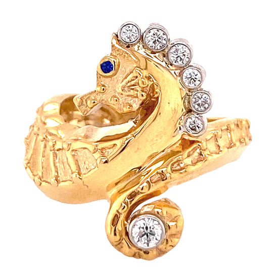 14Kt Yellow Gold Seahorse Ring with .25TW of Diamonds in the Mane and Tail and Sapphire in the Eye. An Original Cedar Chest Design