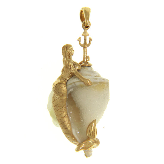 Mermaid with Trident on Druzy Fossil Shell. 14Kt Yellow Gold. Handmade One-of-a-Kind Original Cedar Chest Design. Dimensions: 1 3/4" Drop Including the bail, 3/4" Width