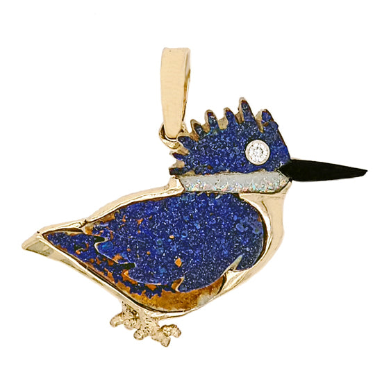 One of a kind "The Fisher King" 14Kt Gold and Drusy Quartz Kingfisher Bird Pendant with Diamond Eye