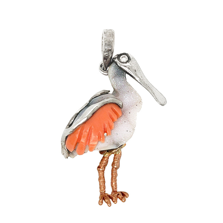 "Rambling Rose-"ate Spoonbill Pendant.   14Kt White and Rose Gold Roseate Spoonbill Pendant with hand carved Coral wing, White Druzy Quartz body and .02ct Diamond eye. A Handmade One of a Kind Cedar Chest Original Design from our Cinema Collection.  Dimensions:  1-1/4" long,  3/4" wide", 1-1/2" drop