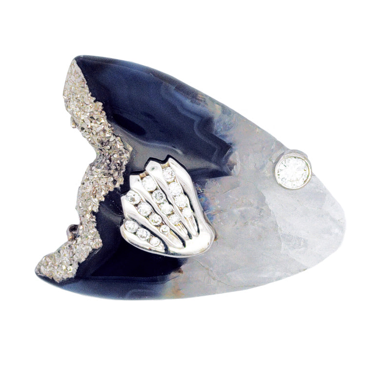 Fish Pendant in Quartz with Platinum Druzy and 14Kt White Gold with .15Ct Diamond Eye and .15TW on Fin. Handmade One-of-a-Kind. A Cedar Chest original design. Dimensions: 1" Drop, 1 1/4" Width