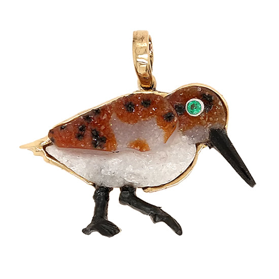 &quot;Sand (Piper) Pebbles&quot; Pendant, Handcarved Drusy Quartz and 14Kt Yellow Gold  Sandpiper Pendant with Emerald Eye and Handcarved Black Onyx Beak and Legs.  A Handmade One of a Kind Cedar Chest Original Design from our Cinema Collection.  Dimensions: 1-1/2&quot; Wide 1-1/4&quot; Long