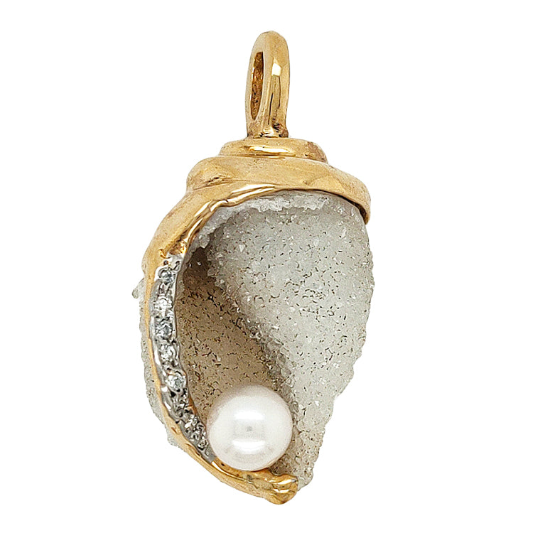 Druzy Fossil Shell Pendant with Diamonds and Pearl