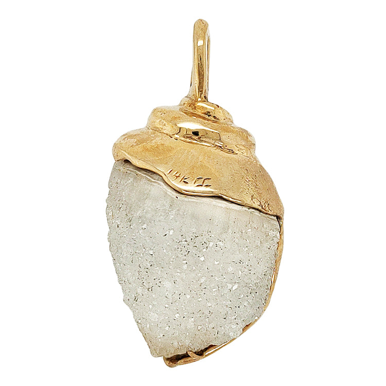 Druzy Fossil Shell Pendant with Diamonds and Pearl