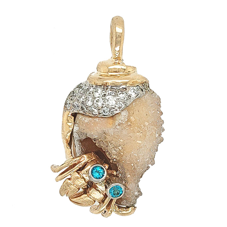 Hermit Crab with Blue Topaz eyes in Druzy Fossil Shell  with .29tw Diamonds in 14kt Yellow Gold Pendant.  Handmade, One-of-a-Kind, Cedar Chest Original Design.  Dimensions: 1-3/8" long, 9/16" wide