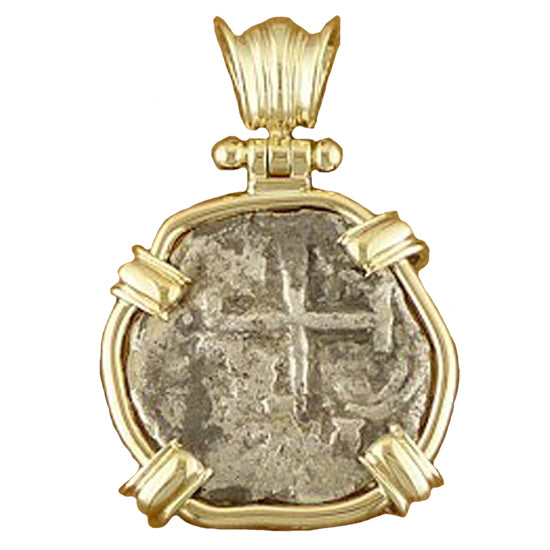Spanish Shipwreck 2 reales cob in 14kt pendant