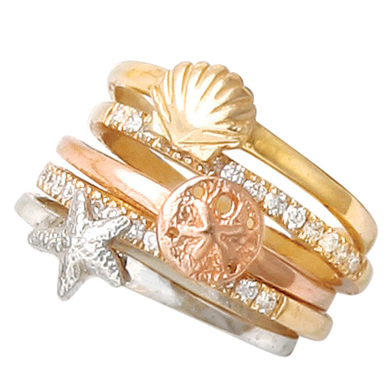 Tri-Color Gold Shells and Diamond stack Rings